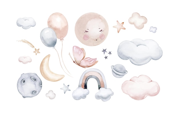 달 초승달 구름 별 하트와 수채화 세트 어린이 디자인을위한 천국의 요소 손으로 그린 그림