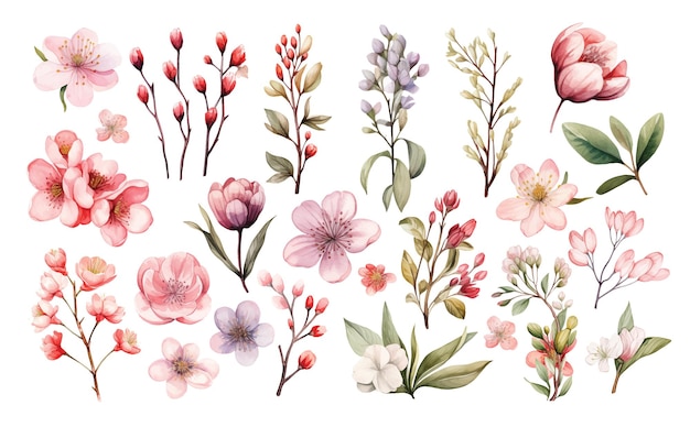 Watercolor set with pink wild spring flowers for Valentines day romantic illustration