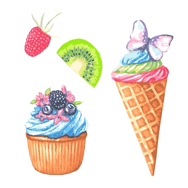 Watercolor set with sweets, cupcake,icecream , kiwi, berries.