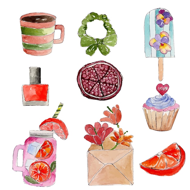 Vector watercolor set of womens items