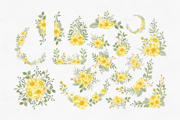 Vector watercolor set of yellow flower arrangement and leaves