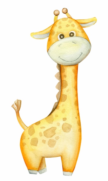 Акварель один жираф животное, изолированные на белом фоне иллюстрацииТропическое животное в мультяшном стиле