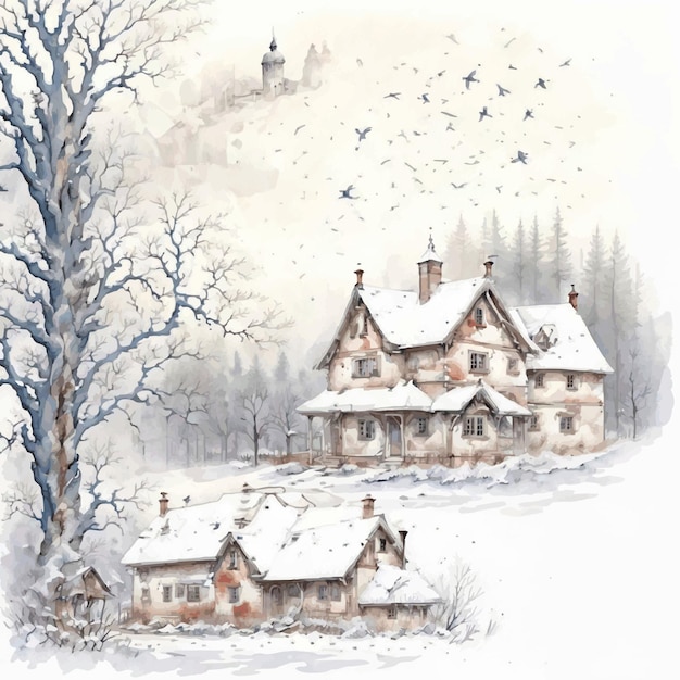 Watercolor sketch Old house covered in snow