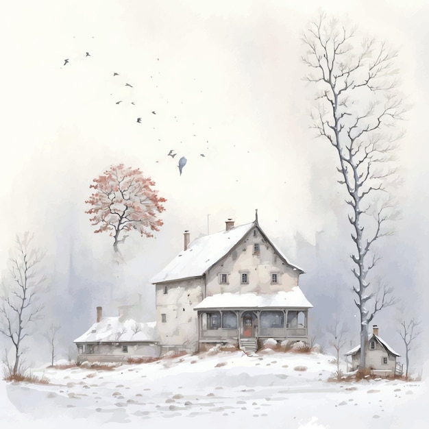 Watercolor sketch Old house covered in snow