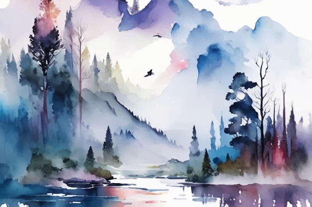 Vector watercolor sketch white blue morning fog with ponds and trees generative ai