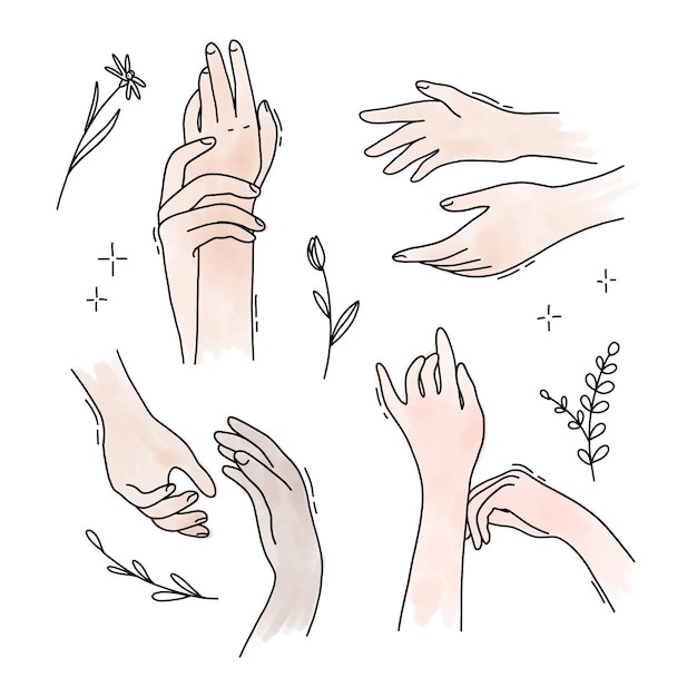 Vector watercolor sketches linear hands with flowers