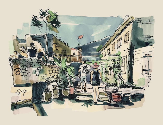 ブドヴァモンテネグロの古い要塞の風景の水彩スケッチ、旅行描画ベクトルイラスト