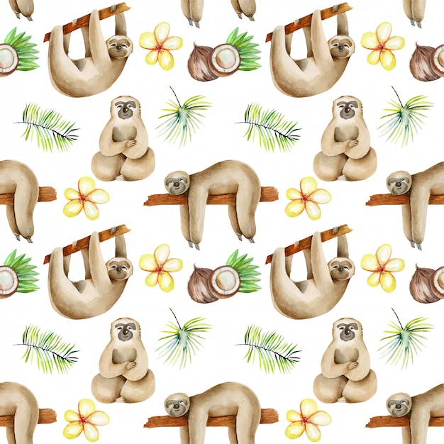 Vector watercolor sloths, coconuts and floral exotic pattern