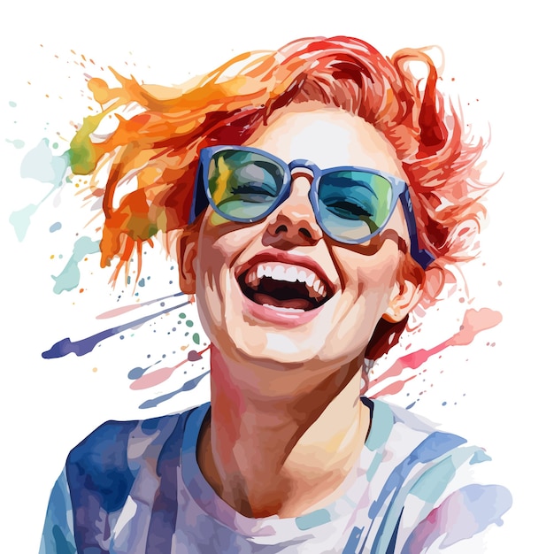 Vector watercolor smiling young woman wearing sunglasses celebrate holi