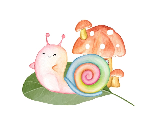 Vector watercolor snail clipart set, cute garden snail illustration