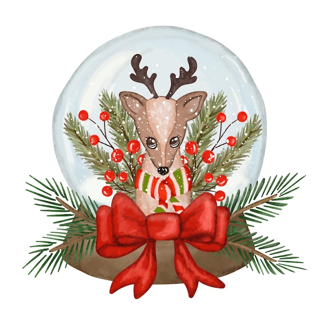 Vector watercolor snow globe glass ball shaker with christmas tree and cute deer