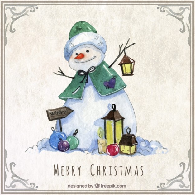 Vector watercolor snowman christmas card