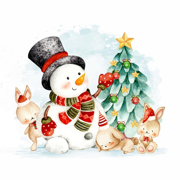 Акварель снеговик рождественская елка и кролик