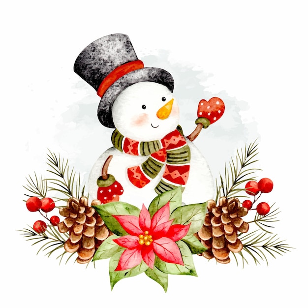 Watercolor snowman with Christmas ornaments