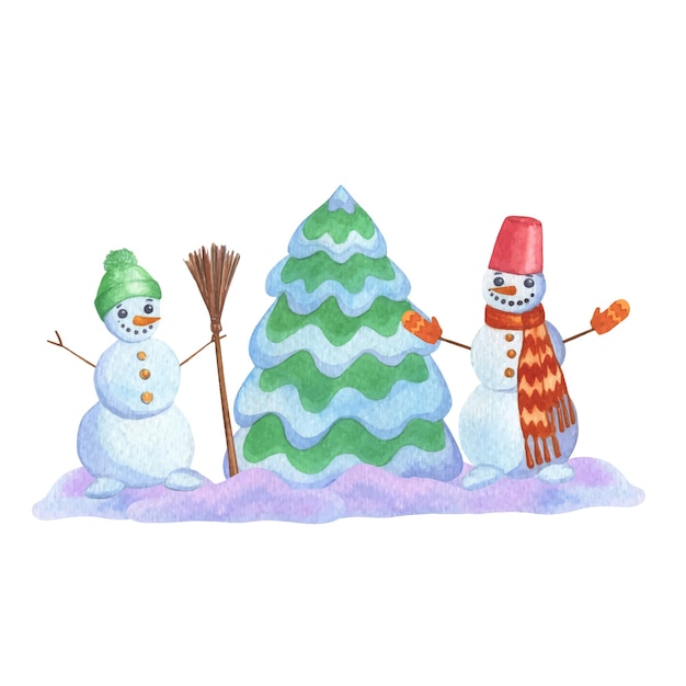 Watercolor snowmen with Christmas tree