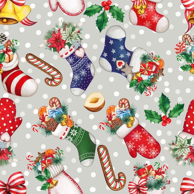 Watercolor snowy christmas pattern with stockings, gifts and treats