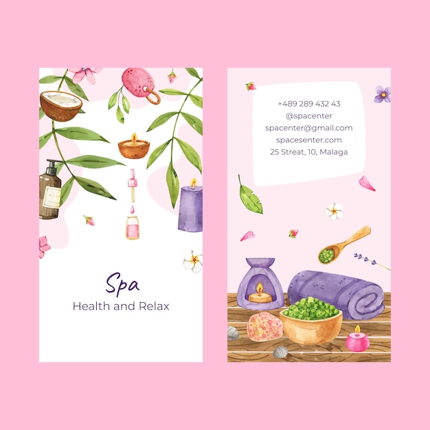 Watercolor spa treatment vertical business card