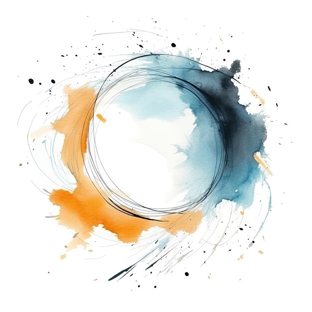 Watercolor splashes ink drops brush strokes and gold lines round contour frame vector template