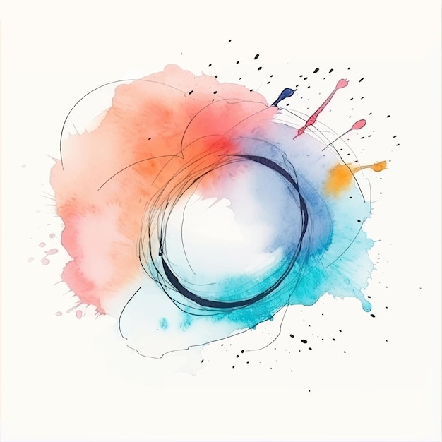 Vector watercolor splashes ink drops brush strokes and gold lines round contour frame vector template