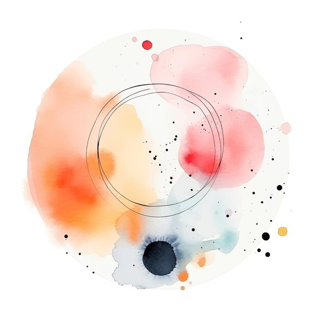 Vector watercolor splashes ink drops brush strokes and gold lines round contour frame vector template