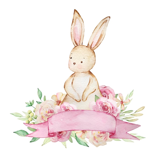 Watercolor spring easter illustration bunny with flowers