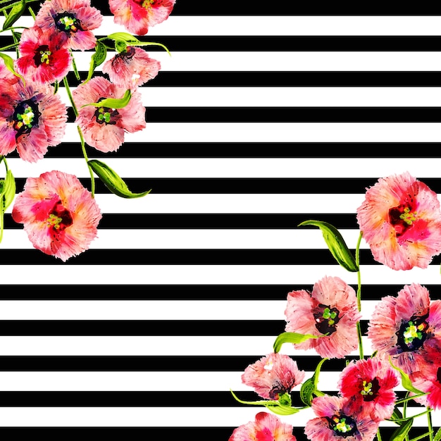 Watercolor Spring Floral Background With Stripes