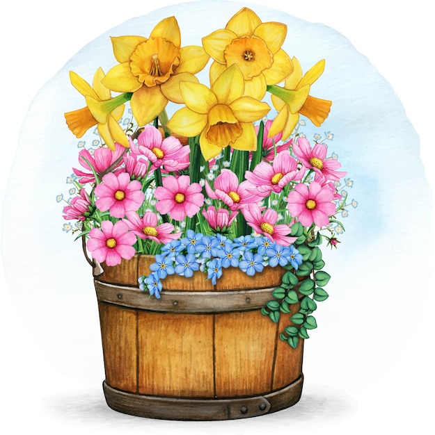 Vector watercolor spring flower planter