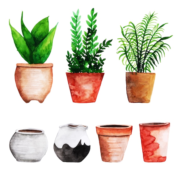 Vector watercolor spring flower pots collection