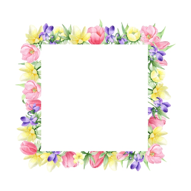 Watercolor  spring  flowers on the white background, square frame