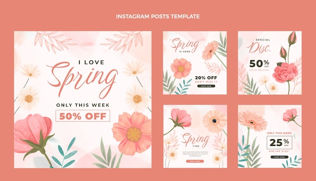Vector watercolor spring instagram posts collection