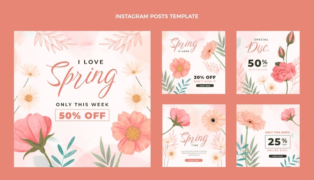 Collezione di post instagram primavera acquerello