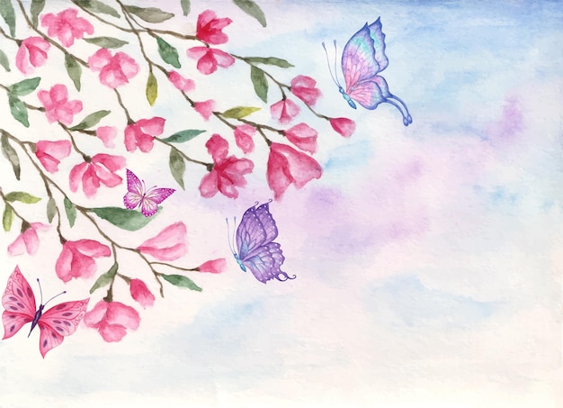 Vector watercolor spring landscape background with lovely butterflies