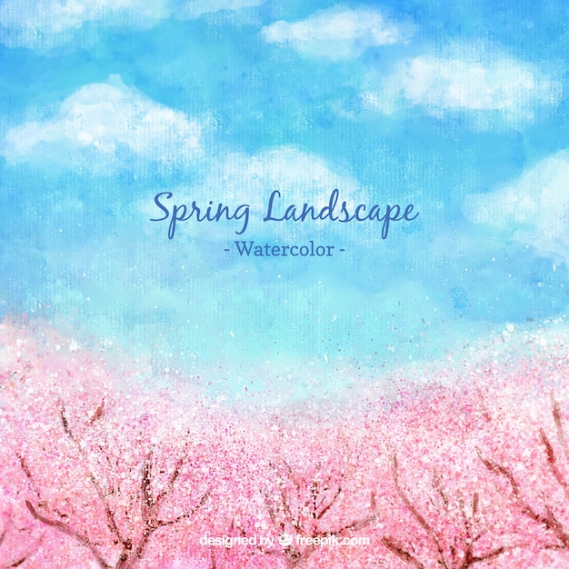 watercolor spring landscape with cherry trees