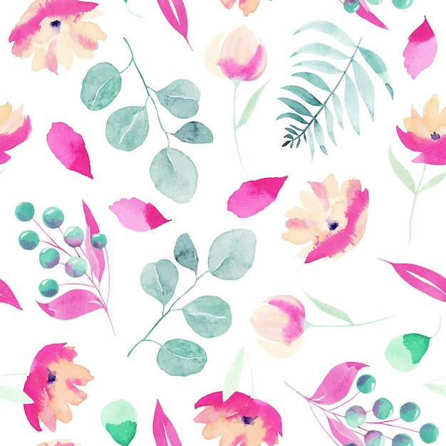 Watercolor spring pink wildflowers, berries, eucalyptus branches and leaves seamless pattern