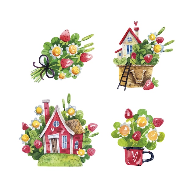 Watercolor of spring rustic set with houses, strawberries and flowers on white