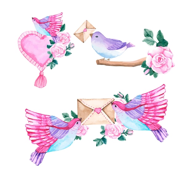 Set primavera acquerello birdhouse e uccelli