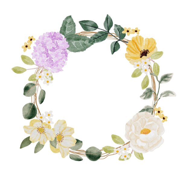 Watercolor spring summer flower bouquet on dry twig wreath frame vector isolated on white background