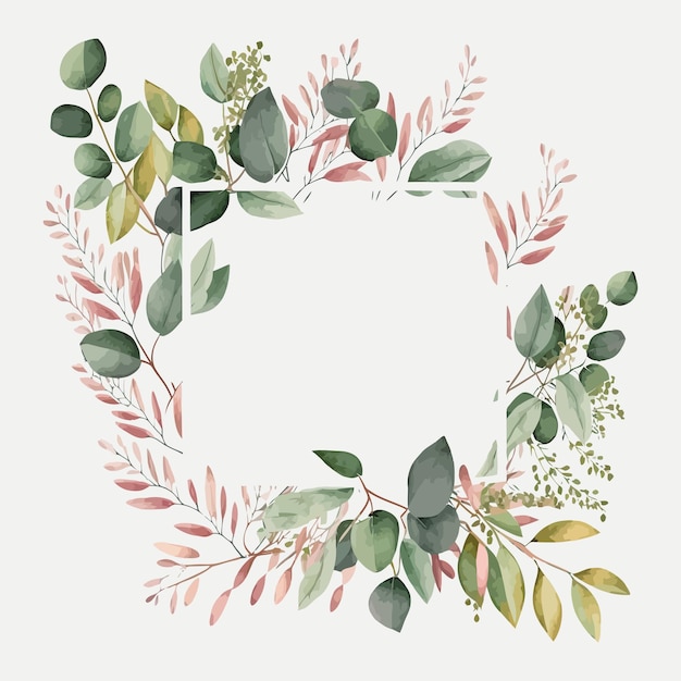 Watercolor square floral frame illustration blush pink yellow green leaves branches wreath frame Decorative elements template Flat cartoon illustration isolated on white background