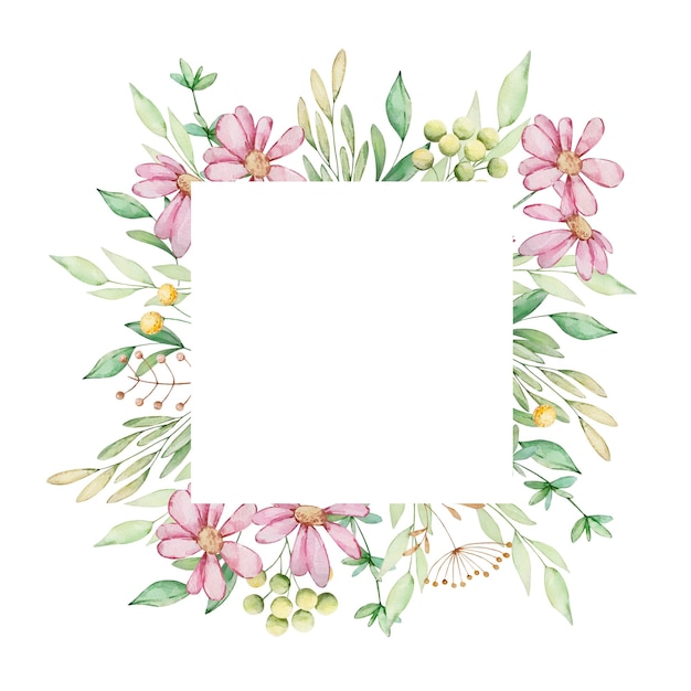 Watercolor square floral frame of pink flowers and leaves