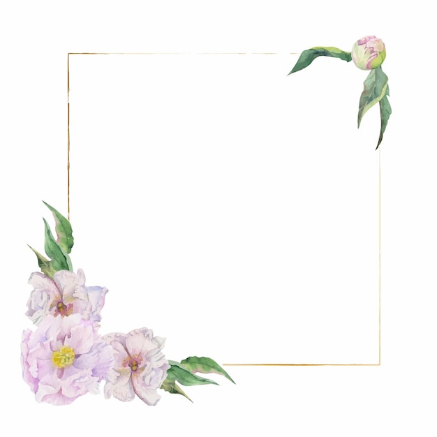 Disposizione della cornice quadrata dell'acquerello con boccioli di fiori di peonia rosa delicati disegnati a mano e foglie isolati su sfondo bianco per inviti matrimonio amore o biglietti di auguri carta stampa tessile