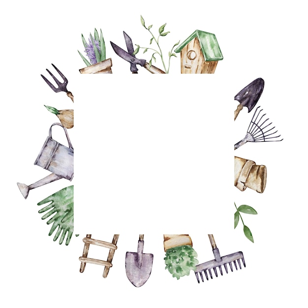 Watercolor square frame of gardening tools