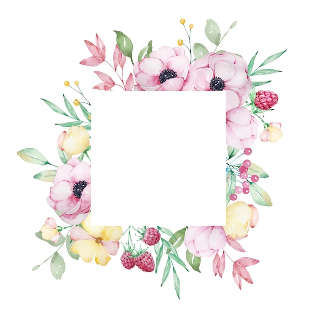 Watercolor square frame of pink anemones