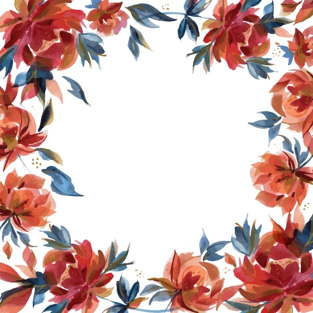 Watercolor square frame of traditional folk rose flowers and branches. Blue and orange colors, decorations for greetings and cards