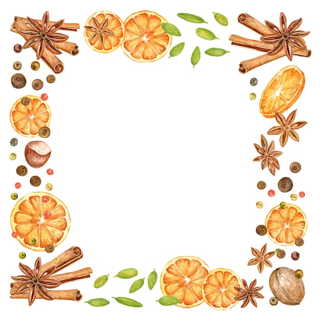 watercolor square frame with hand drawn mulled wine ingredients. frame