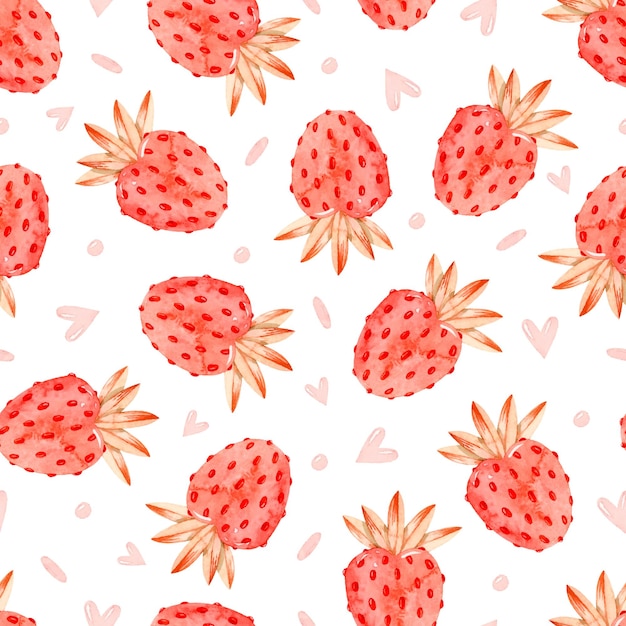 Watercolor strawberries, hearts and confetti seamless pattern