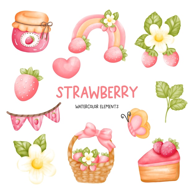 Watercolor strawberry elements set