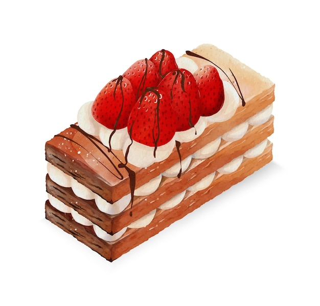 Watercolor of strawberry millefeuille with cream cake vector design