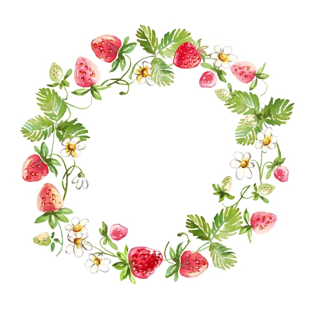 Watercolor strawberry wreath Vector