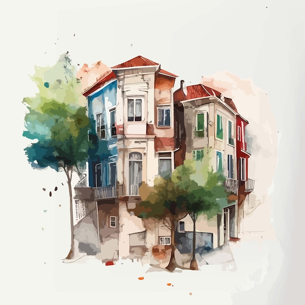 Watercolor Street and Houses Drawing Design