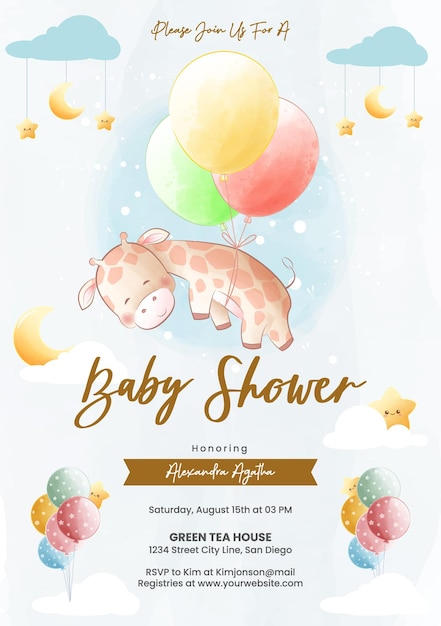 Vector watercolor style baby shower invitation cute giraffe flying with colorful balloons